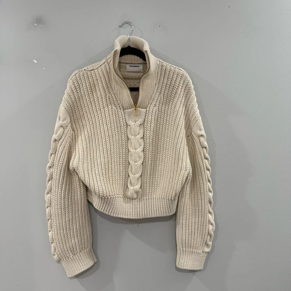 Nanushka Sweater Eria Cropped Cable Knit Quarter Zip in Crème Beige